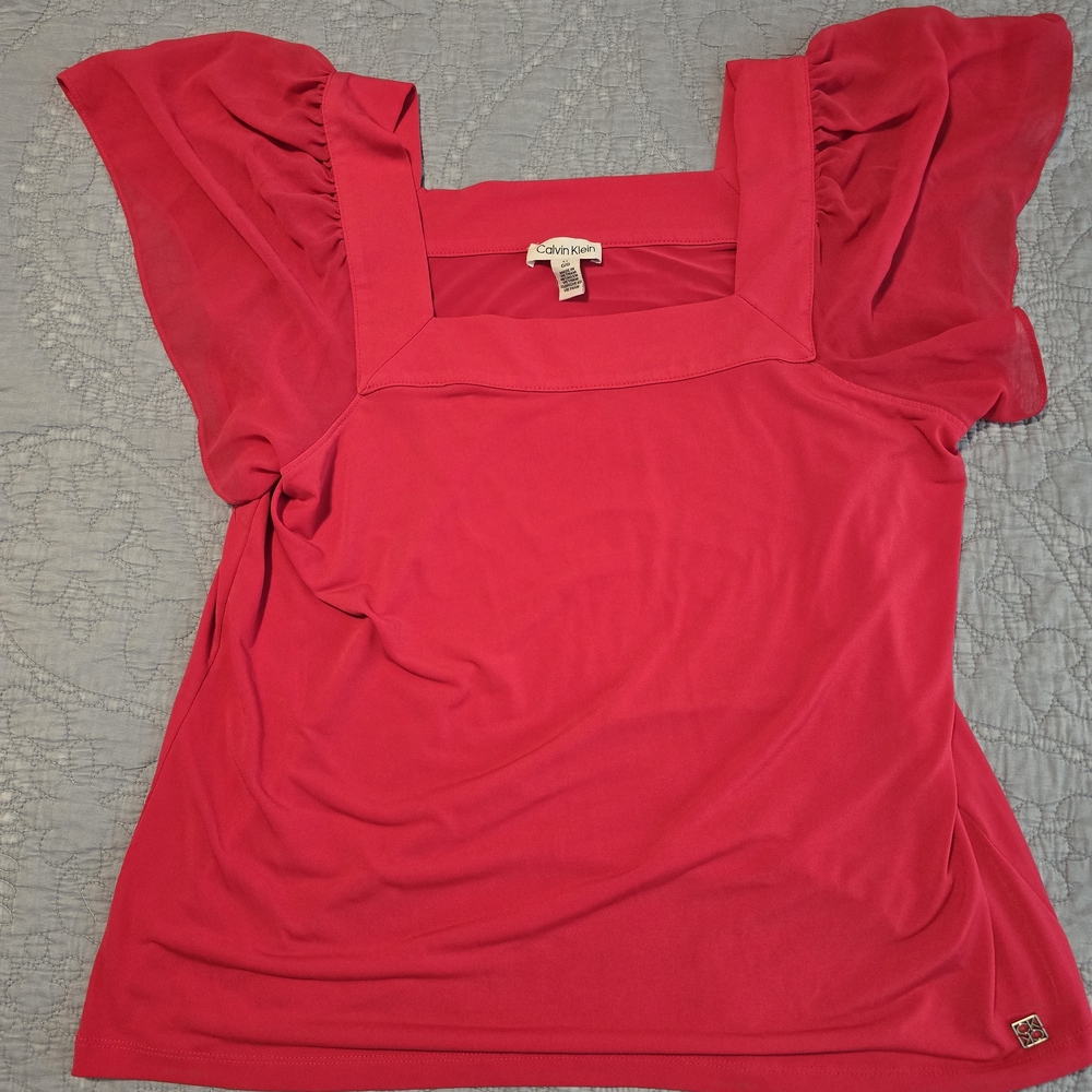 Calvin Klein Women's Vibrant Pink Blouse with Flutter Sleeves